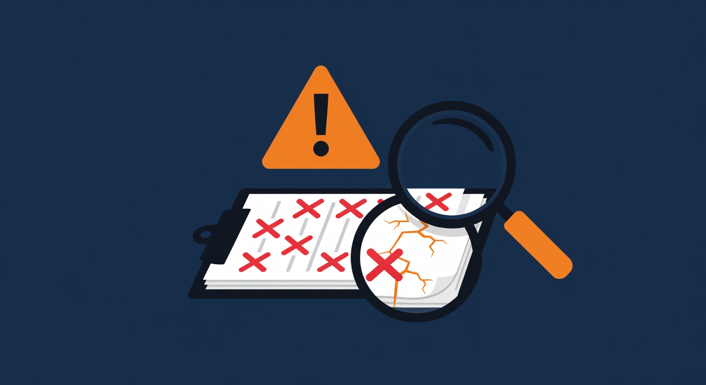 Failed compliance audit with warning signs and red marks on documentation